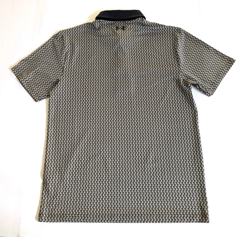 Under Armour Playoff Polo Shirt M Tan Black Micro Print UPF 40 Loose Fit READ - Picture 4 of 11